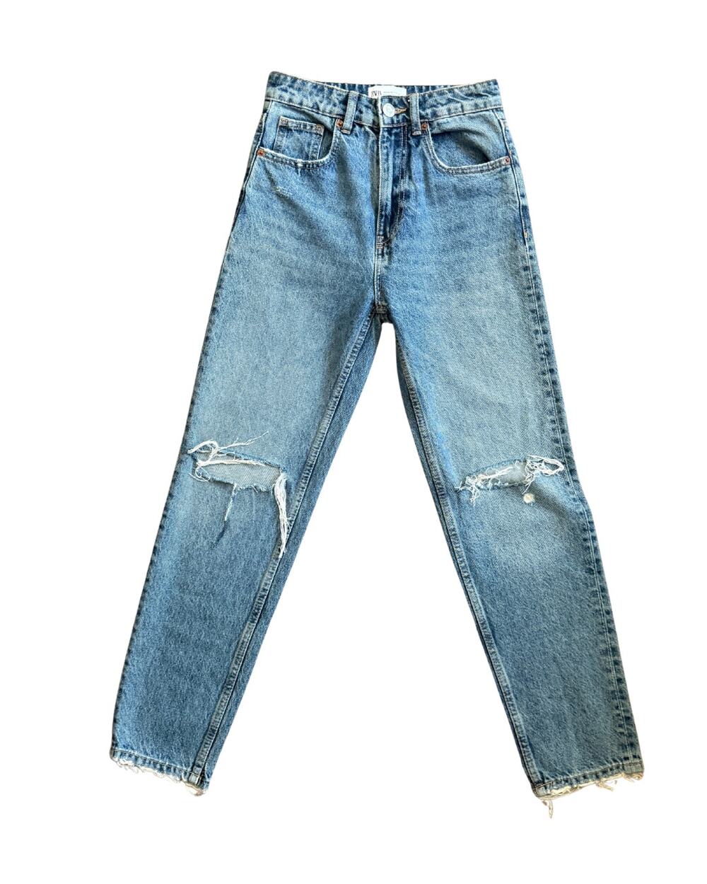 Zara High Rise Distressed Straight Leg Jeans Raw Hem Size 2